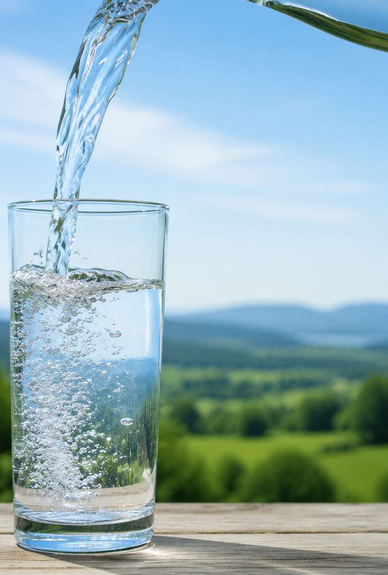 Eau fraîche versée dans un verre devant un paysage naturel