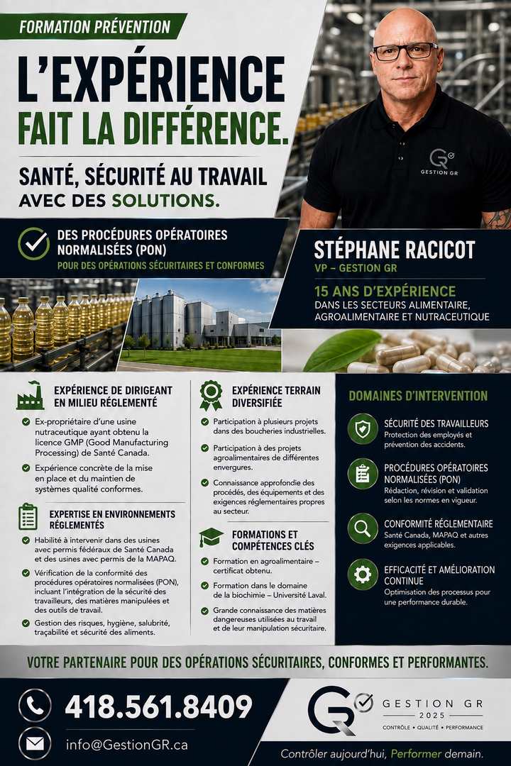 Affiche Gestion GR pour la formation prévention dans les secteurs alimentaire, agroalimentaire et nutraceutique