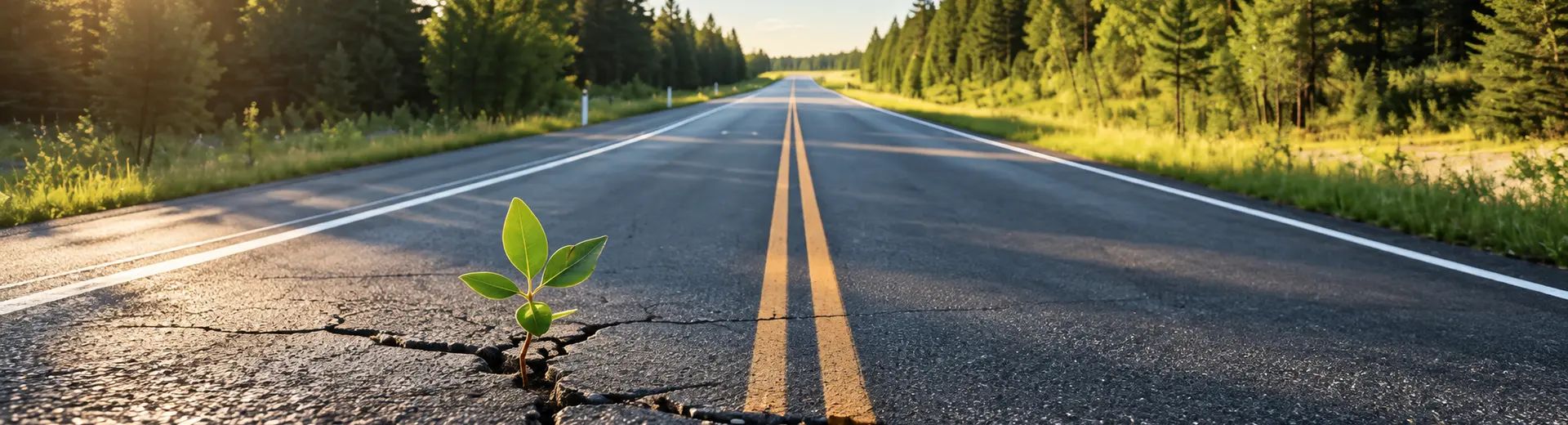Route fissurée au lever du soleil, une jeune pousse émergeant de l’asphalte